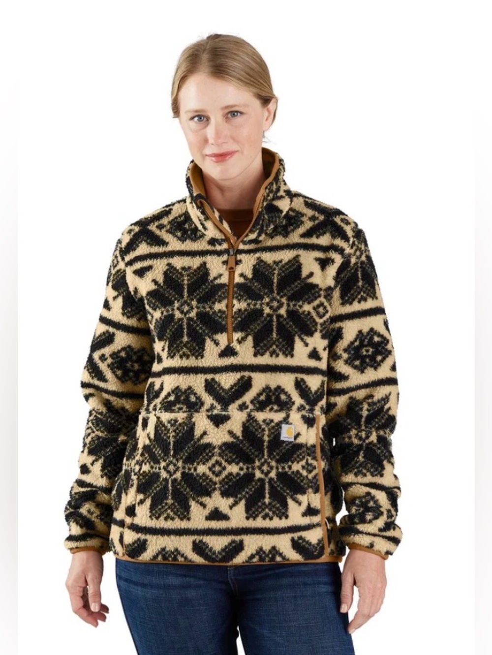 Carhartt Women's Loose Fit Fleece Pullover in Oat Milk/Black Fairisle Sz XL